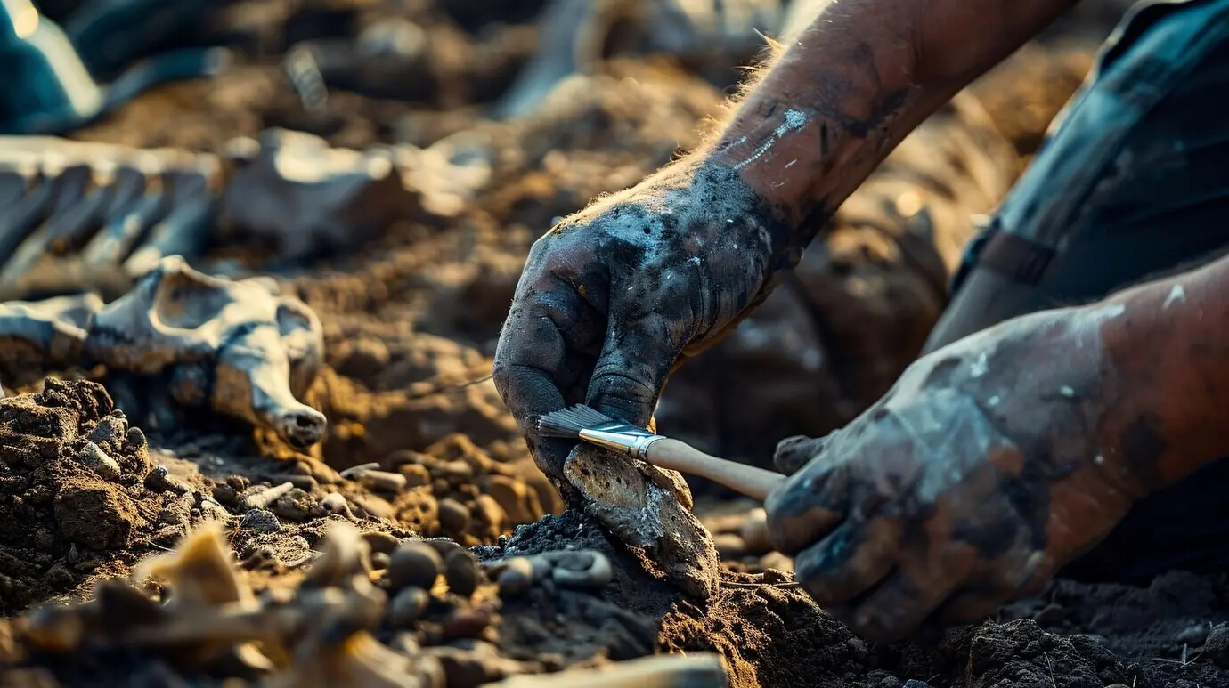 Szene aus einer archäologischen Stätte mit antiken Überresten und Entdeckungen.