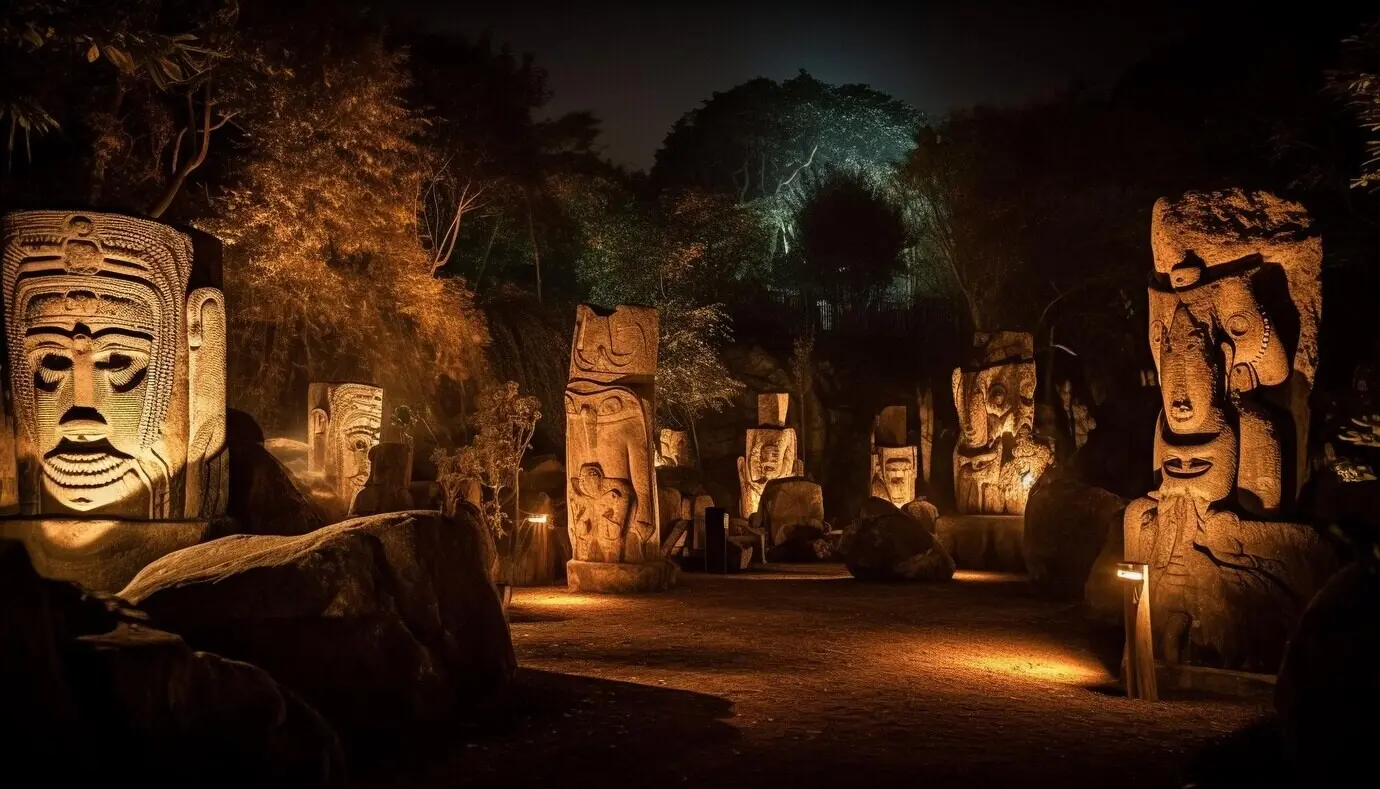 Antike Skulptur, nachts beleuchtet, ragt hoch auf, von KI erzeugt.