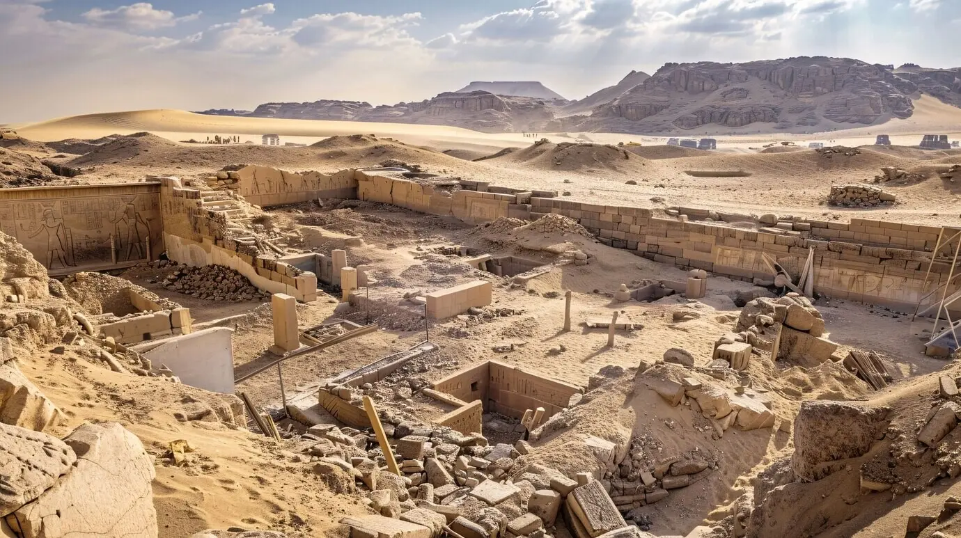 Szene aus einer archäologischen Stätte mit antiken Überresten und Entdeckungen.